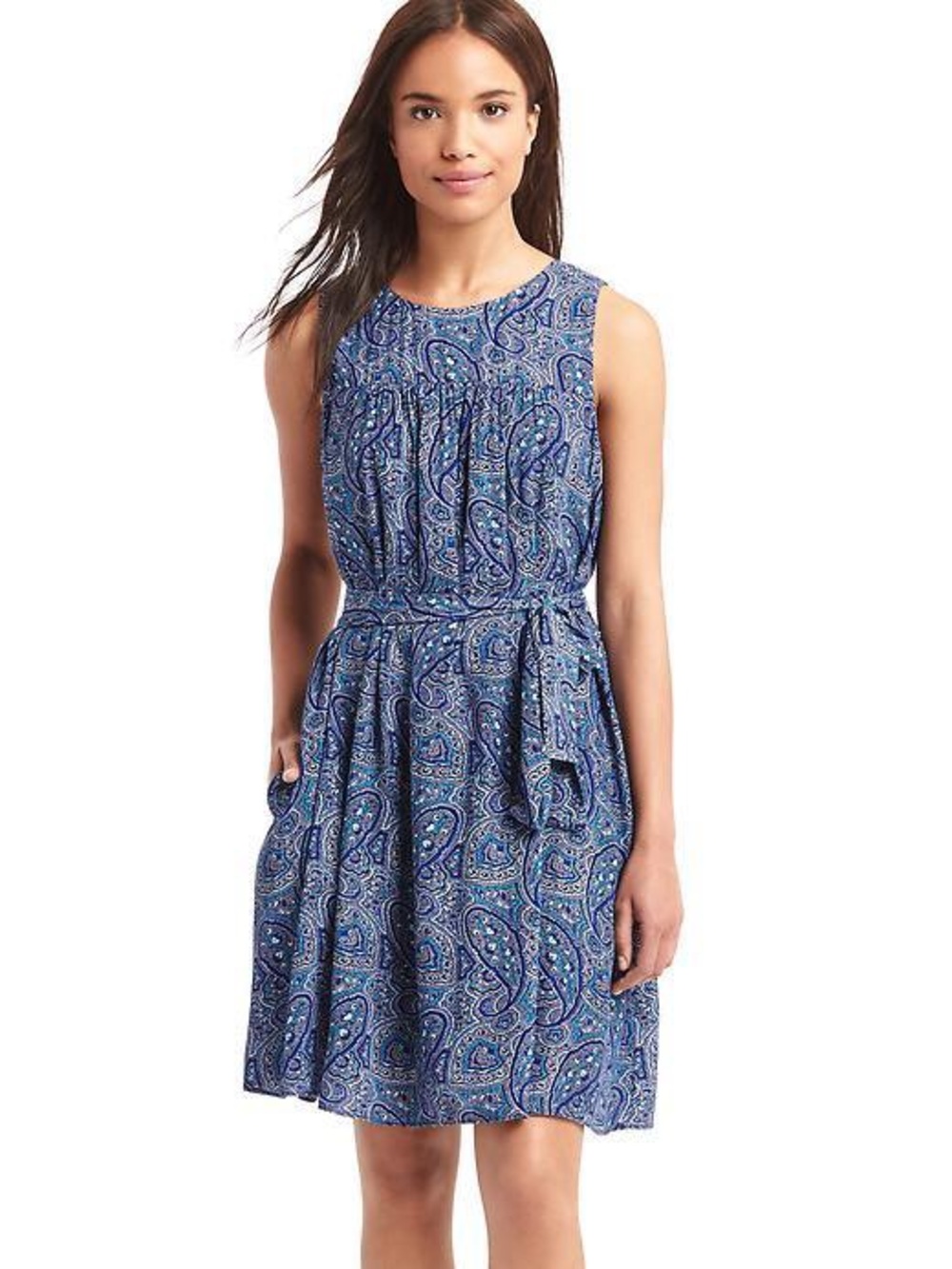 GAP Blue Paisley Shirred Swing Dress Tie Waist Pockets Size M